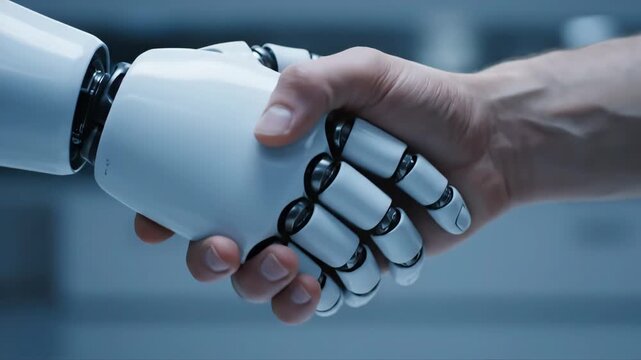 Human hand robot hand shake shows future technology partnership this ai agreement is a symbol of innovation this is a very important connection between human and machine