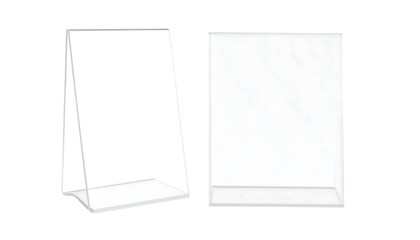 Two clear plastic display stands, a triangular easel and a square frame, each showcasing transparency. They are designed for holding information or objects in various commercial settings