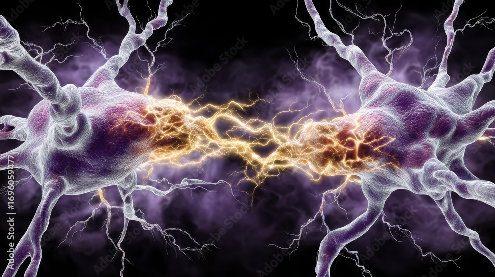 Poster intricate visual of electric firing between two neurons highlighting connection in a dark ethereal s