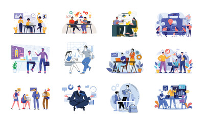 Business Illustration Set: Corporate Strategy, Finance, Marketing, Teamwork, Leadership, Innovation, Startup Growth, Analytics, Office Work, Planning, and Success Vector Illustrations