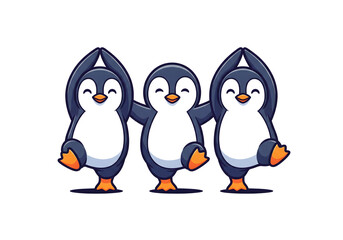 Fototapeta premium Three Cheerful Penguins Dancing Together in a Fun Cartoon Style