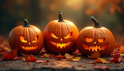 Three Halloween pumpkins on a dark background. 32K Resolution