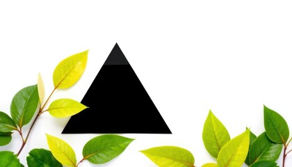 minimalist black triangle with green leaves on white background