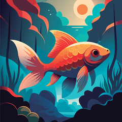 Fototapeta premium Vibrant goldfish swims in underwater scene.