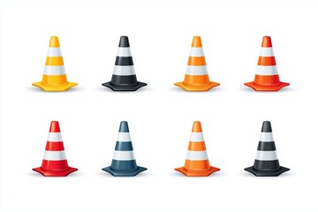 Collection of traffic cones in various colors arranged in a neat grid pattern on a white background showcasing road safety elements
