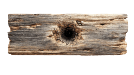 Wooden plank shattered with exploding bullet hole showing splintered wood fragments isolated on white background for shooting and destruction concept