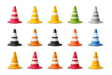 Collection of colorful traffic cones arranged in a grid pattern on a white background showcasing various designs and colors