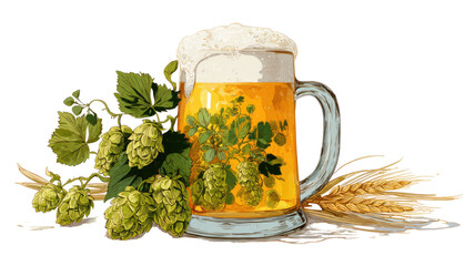 Vector illustration of beer mug filled with frothy golden beer alongside wheat stalks isolated on white background for Oktoberfest celebration