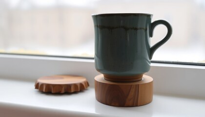 Minimalist ceramic mug on wooden coaster beside window