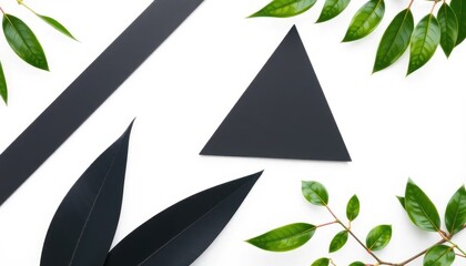 Minimalist Flat Lay of Green and Black Leaves on White Background