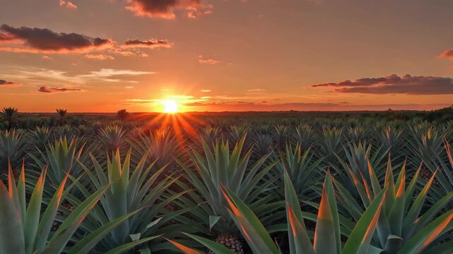 arafed view of a field of pineapples with the sun setting