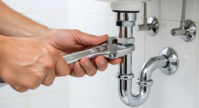 A plumber's hands using an adjustable wrench to fix a pipe under a sink, representing home maintenance, repairs, and professional plumbing services.