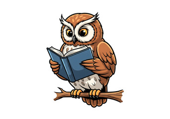 Wise Owl Reading Book on Branch, Charming and Illustrative Design