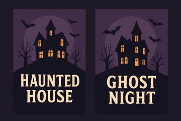 Two vertical A6 banners flat vector design dark purple background haunted house on the hill glowing leafless trees flying bats first banner with text Haunted House second banner with text.