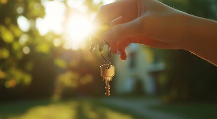 Holding Keys in Sunlight Outside a Home During Early Evening Hours