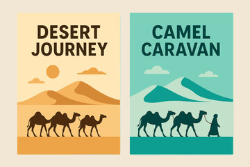 Two vertical A6 banners flat vector design beige and turquoise backgrounds desert caravan with camels travel theme first banner with text Desert Journey second banner with text Camel.