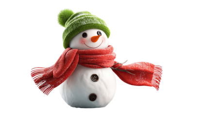 Smiling snowman wearing vibrant red scarf cheerful winter holiday character decoration for Christmas seasonal celebration isolated on white background