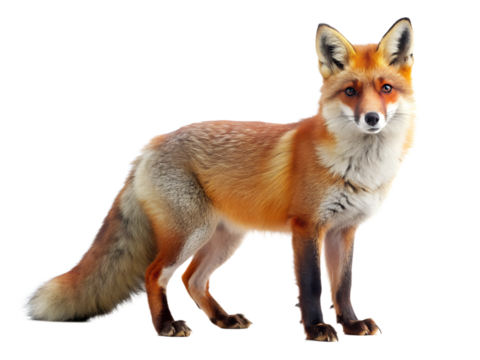 A majestic red fox isolated on transparent background, standing gracefully and showcasing its vibrant fur and alert expression in a captivating image