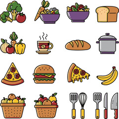 Cooking and food icons with meals, utensils, and kitchenware.