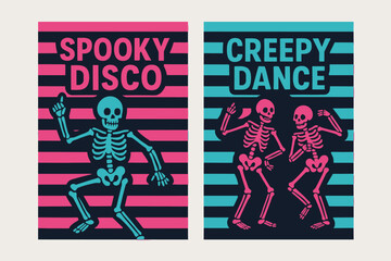 Two vertical A6 banners flat vector design neon pink and cyan striped backgrounds halloween disco party skeleton dancers first banner with text Spooky Disco second banner with text Creepy.