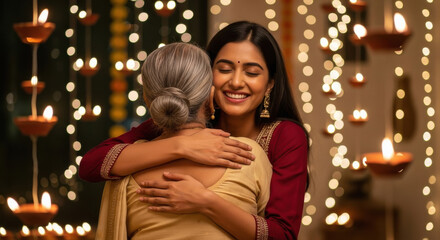 young indian daughter hugging to her mother on diwali festival at home