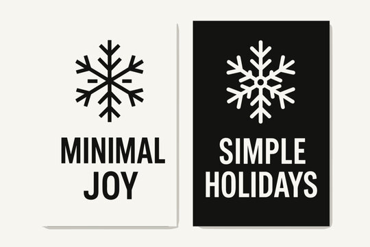 Two vertical A6 banners flat vector design black and white backgrounds modern minimal snowflake icons stylish christmas design first banner with text Minimal Joy second banner with text.