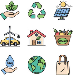Eco-friendly vector icons with recycling, renewable energy, earth, and sustainable living.