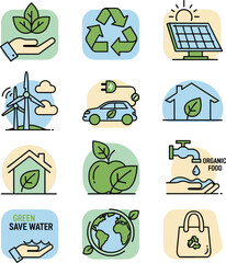 Ecology icons with recycling, green energy, nature, and eco-friendly living.