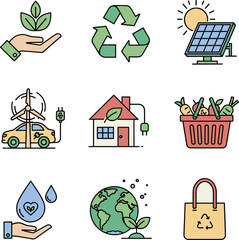 Environmental icons with recycling, solar panel, eco house, water, and sustainable lifestyle.