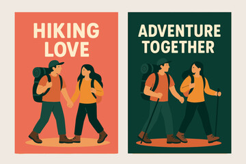 Two vertical A6 banners flat vector design coral and dark green backgrounds couple hiking with backpacks adventure relationship first banner with text Hiking Love second banner with text.