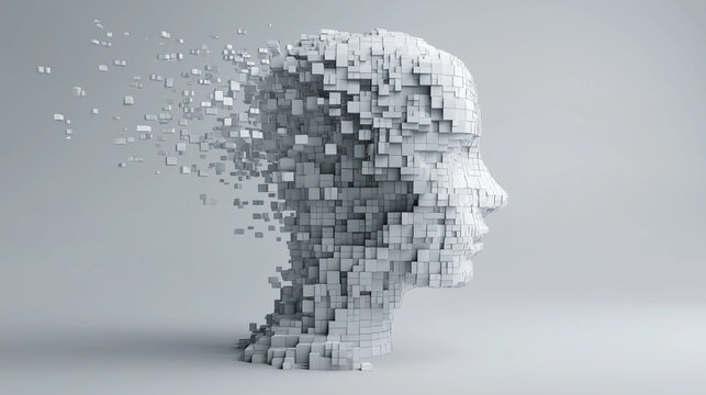 Abstract Cubic Head  Futuristic 3D Face Sculpture and AI Concept.