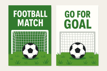 Obraz premium Two vertical A6 banners flat vector design green and white backgrounds soccer ball on grass field goal net first banner with text Football Match second banner with text for Goal text clear.