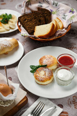 Delicious breakfast spread with cottage cheese pancakes and fresh fruits
