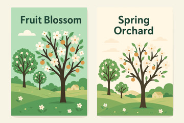 Two vertical A6 banners flat vector design mint and cream backgrounds blooming orchard with fruit trees spring countryside first banner with text Fruit Blossom second banner with text.