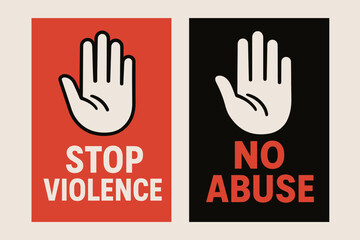 Two vertical A6 banners flat vector design crimson and black backgrounds violence sign with hand icon anti violence theme first banner with text Violence second banner with text No Abuse.