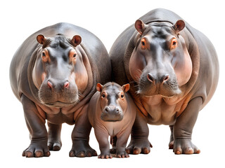 Fototapeta premium Adorable hippopotamus family isolated on transparent background, showcasing their gentle nature and close bond in a heartwarming image