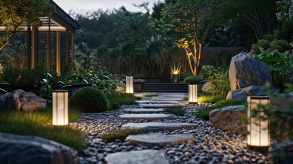Obraz premium Serene Japanese Garden Path with Stone Steps and Ambient Lighting at Twilight