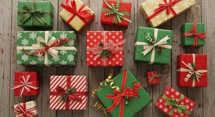A colorful collection of wrapped christmas presents on a wooden surface