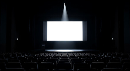 Dark theater auditorium with rows of empty seats facing a brightly illuminated blank screen under a single spotlight