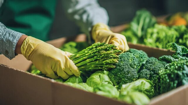 Fresh Asparagus and Broccoli Harvesting in Greenhouse with Worker Wearing Yellow Gloves and Preparing Vegetables
