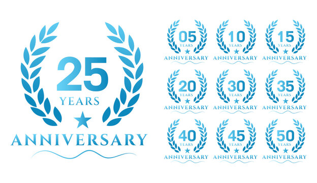 Anniversary Laurel Wreaths 5, 10, 15, 20, 25, 30, 35, 40, 45, 50  Blue Gradient Design Set