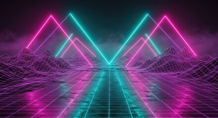 A neon landscape with a wireframe mountain range under pink and blue lights reflecting on a grid floor