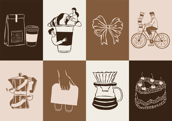 Sketch style coffee and desserts doodle collection. Art for greeting cards, restaurant menu, poster design, postcards, branding, logo design, patterns.