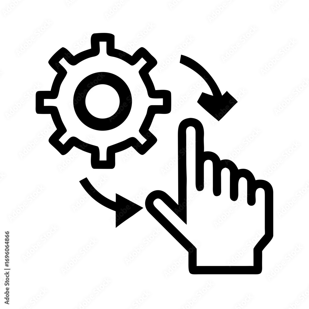 Aufkleber gear settings configuration with hand click icon for website and app development process design conc