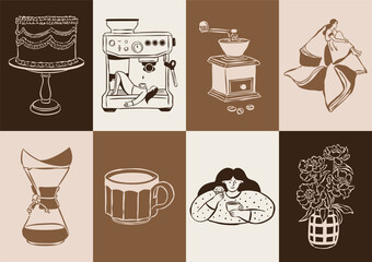 Sketch style coffee and desserts doodle collection. Art for greeting cards, restaurant menu, poster design, postcards, branding, logo design, patterns.