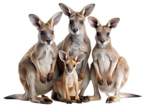 Group of kangaroos isolated on transparent background, showcasing their unique features and social behavior, a symbol of the australian outback