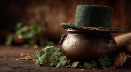Fototapeta premium Green Hat With Gold Coins in a Pot Surrounded by Clover Leaves on a Rustic Wooden Table