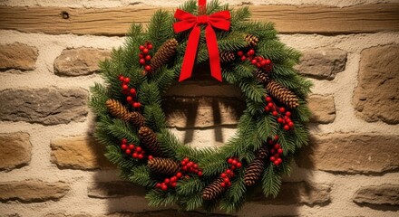 A festive christmas wreath with pinecones and berries hangs on a stone wall