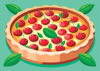 Delicious cherry pie with fresh leaves.