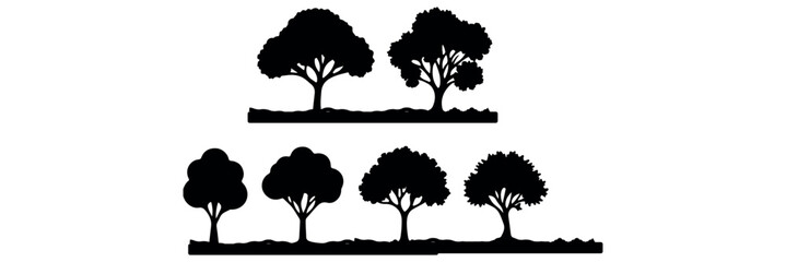 Vintage trees and forest silhouettes set in monochrome style isolated vector illustration, evergreen coniferous forest trees collection.